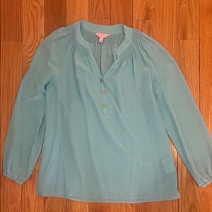 Lilly Pulitzer Aqua Long-Sleeve Smocked Neck Blouse with Gold Buttons